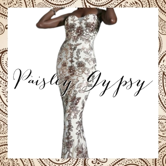 Exquisite Contrast Sequin Floral Beige Creme & Chocolate Sleeveless Fo… - Picture 2 of 15